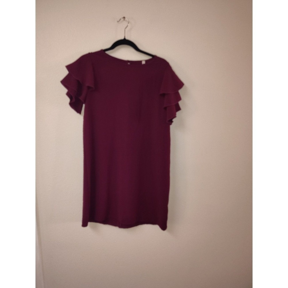 MTS Plum Burgundy Ruffle Sleeve Shift Dress Small Mini Cocktail Party Wedding